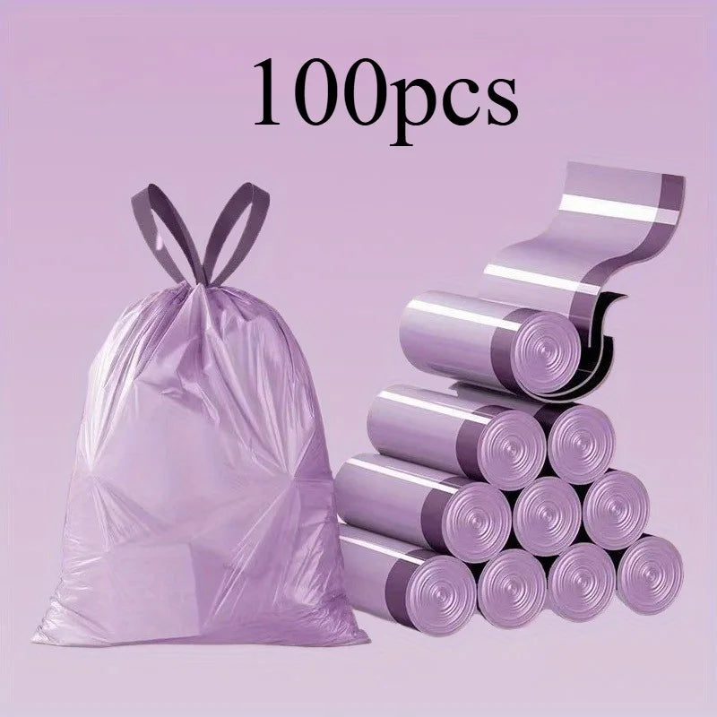 100PCS Purple Drawstring Trash Bags, Heavy Duty Leakproof Garbage Bags for Kitchen Bathroom Bedroom Household Use