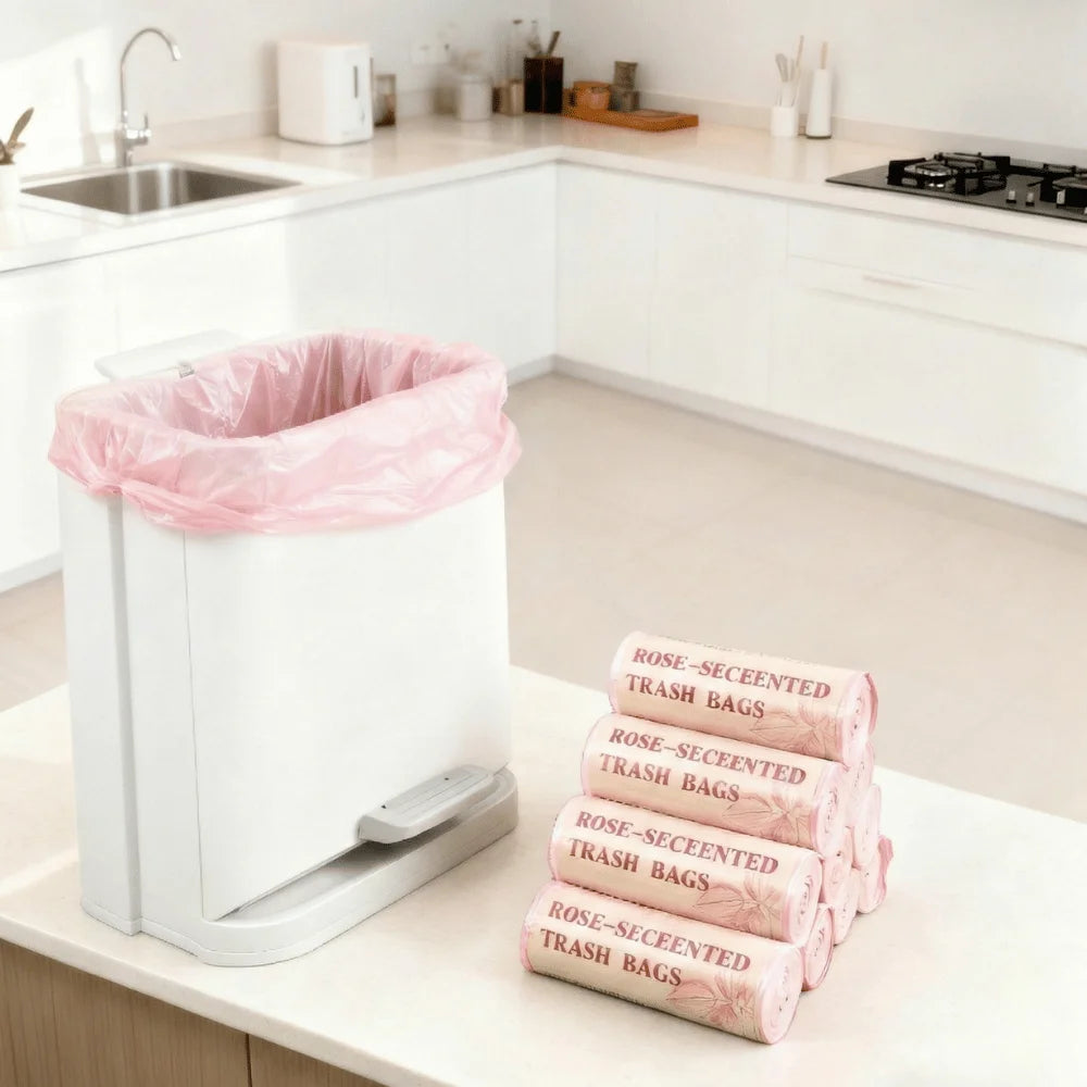 50 Count Rose Scented Drawstring Trash Bags, Thick Leakproof Garbage Bags for Kitchen, Bathroom & Home