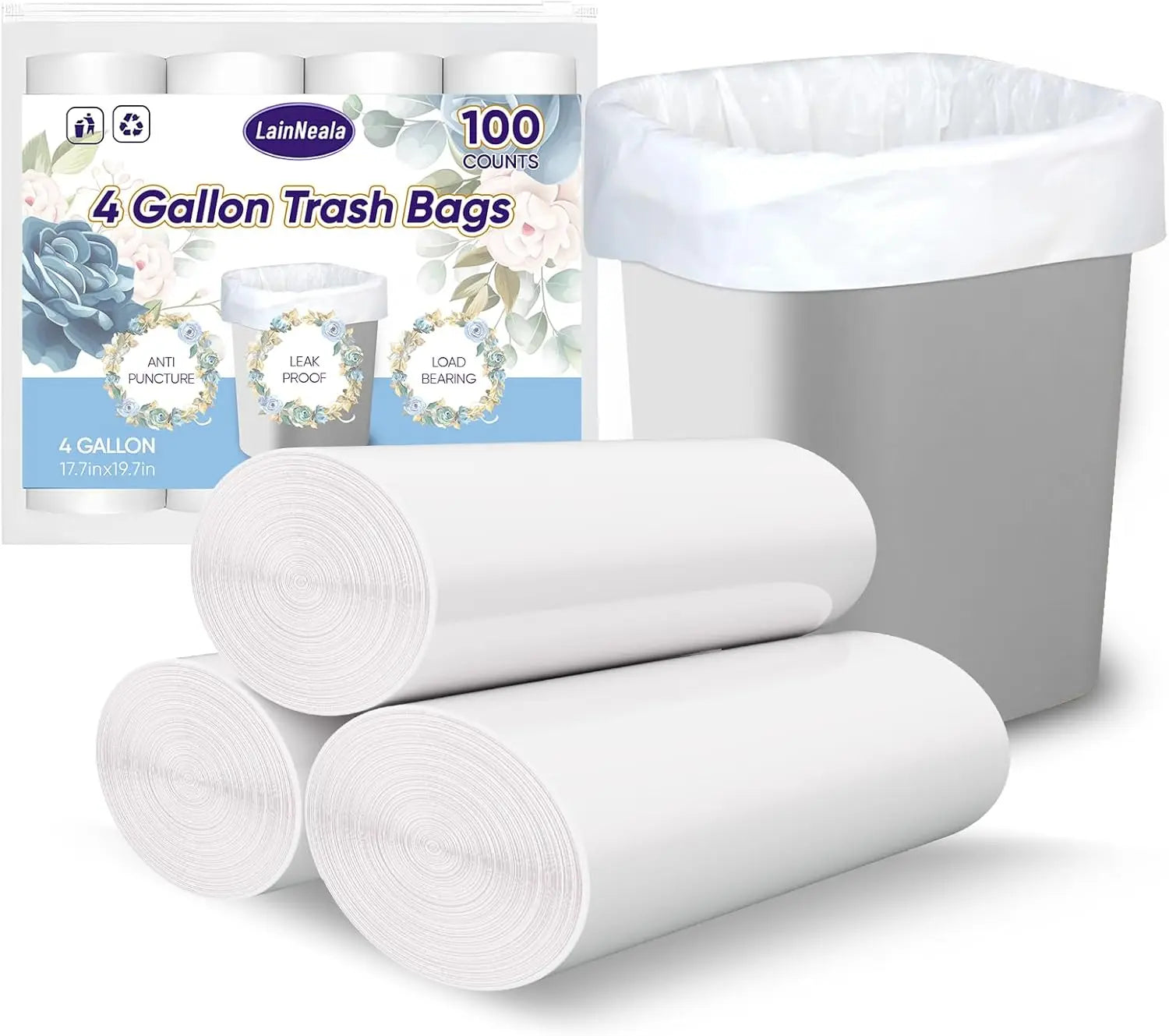 4 Gallon Small Trash Bags, 100 Count White Unscented Garbage Bag Liners for Bathroom and Home Use